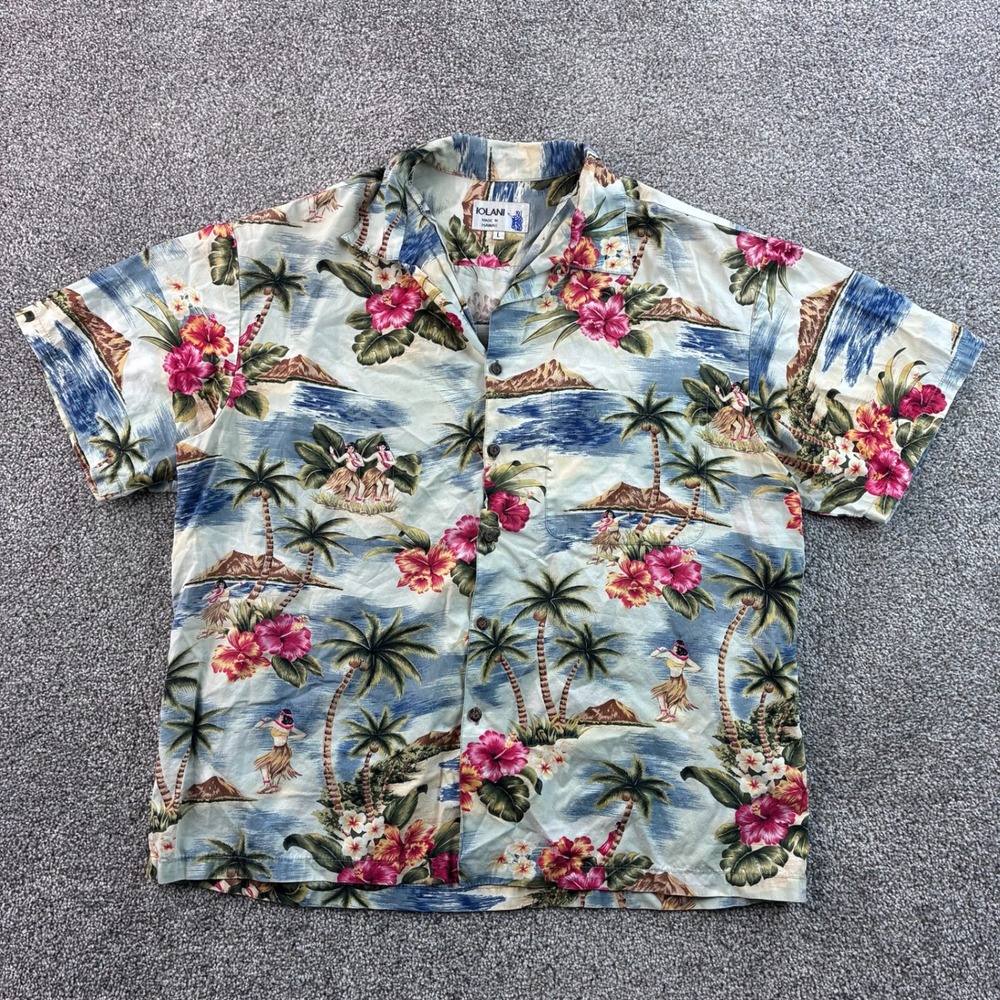 Vintage Iolani Aloha Shirt Mens L Blue Hula Palm Tropical Hawaiian Loop Collar